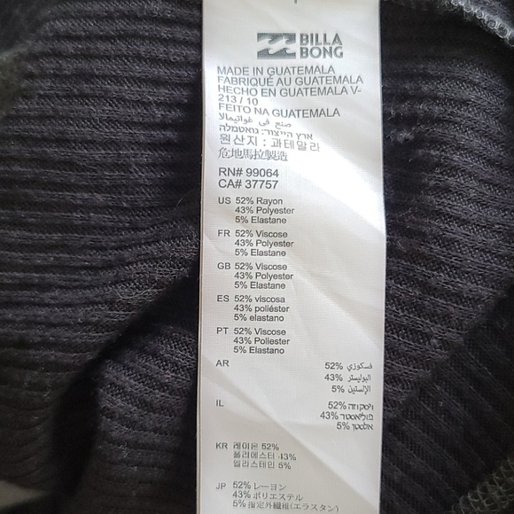 Billabong Thermal Raglan Top Size XSmall Loose Fit Black Grey - Picture 4 of 4